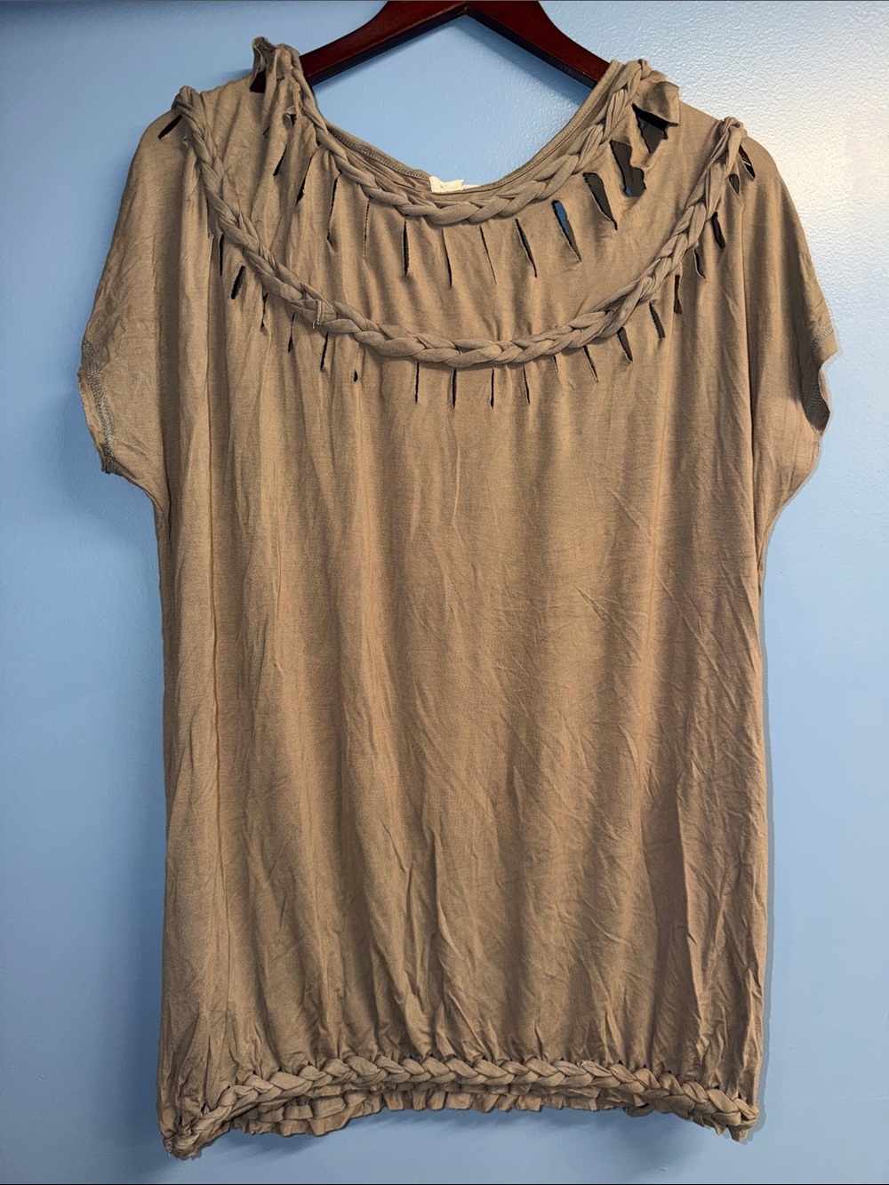 Woven Trim Short Sleeve Women’s Top - Taupe